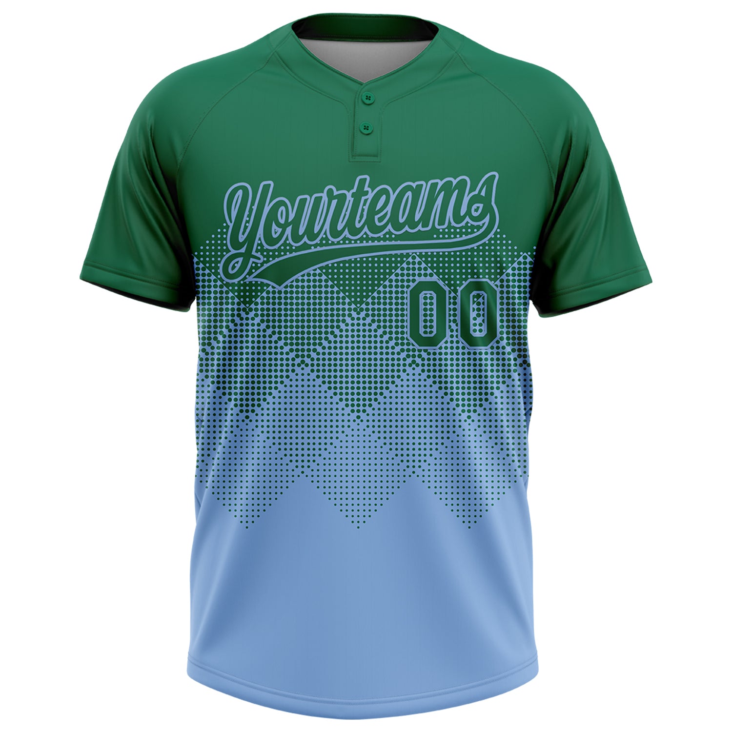 Custom Kelly Green Light Blue 3D Gradient Square Shape Two-Button Unisex Softball Jersey
