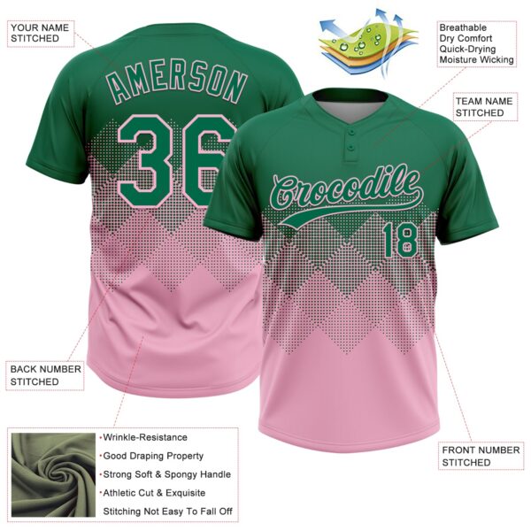 Custom Kelly Green Light Pink 3D Gradient Square Shape Two-Button Unisex Softball Jersey