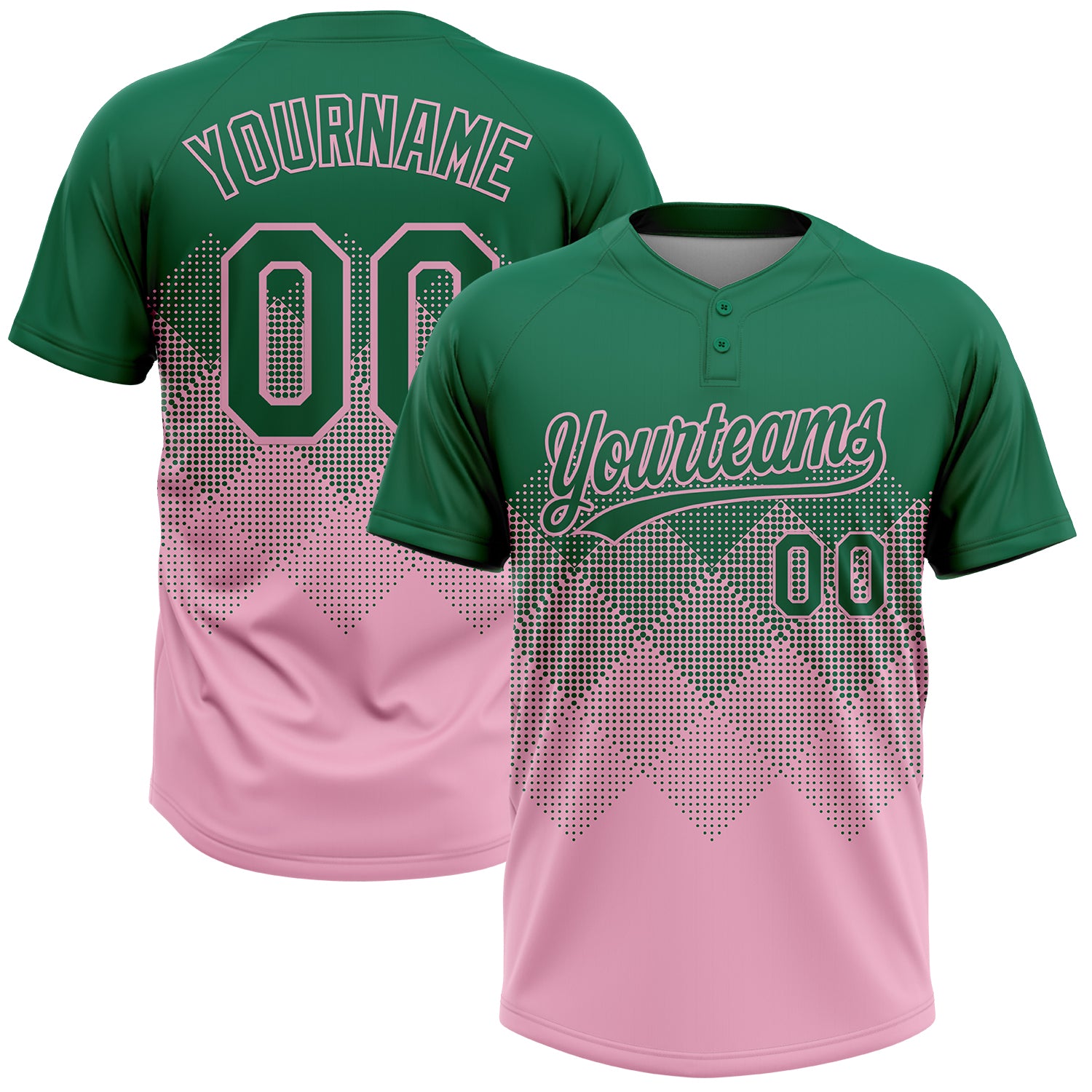 Custom Kelly Green Light Pink 3D Gradient Square Shape Two-Button Unisex Softball Jersey