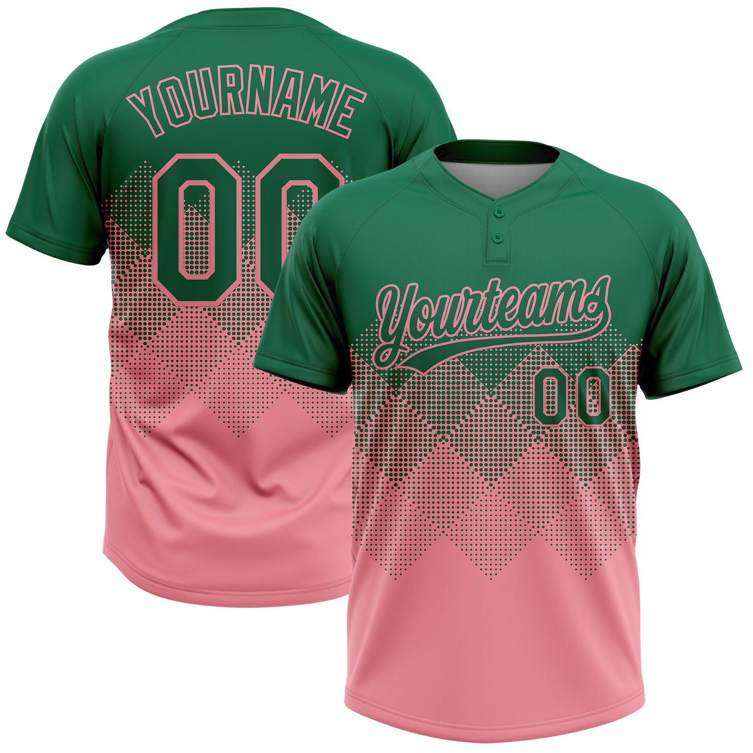 Custom Kelly Green Medium Pink 3D Gradient Square Shape Two-Button Unisex Softball Jersey