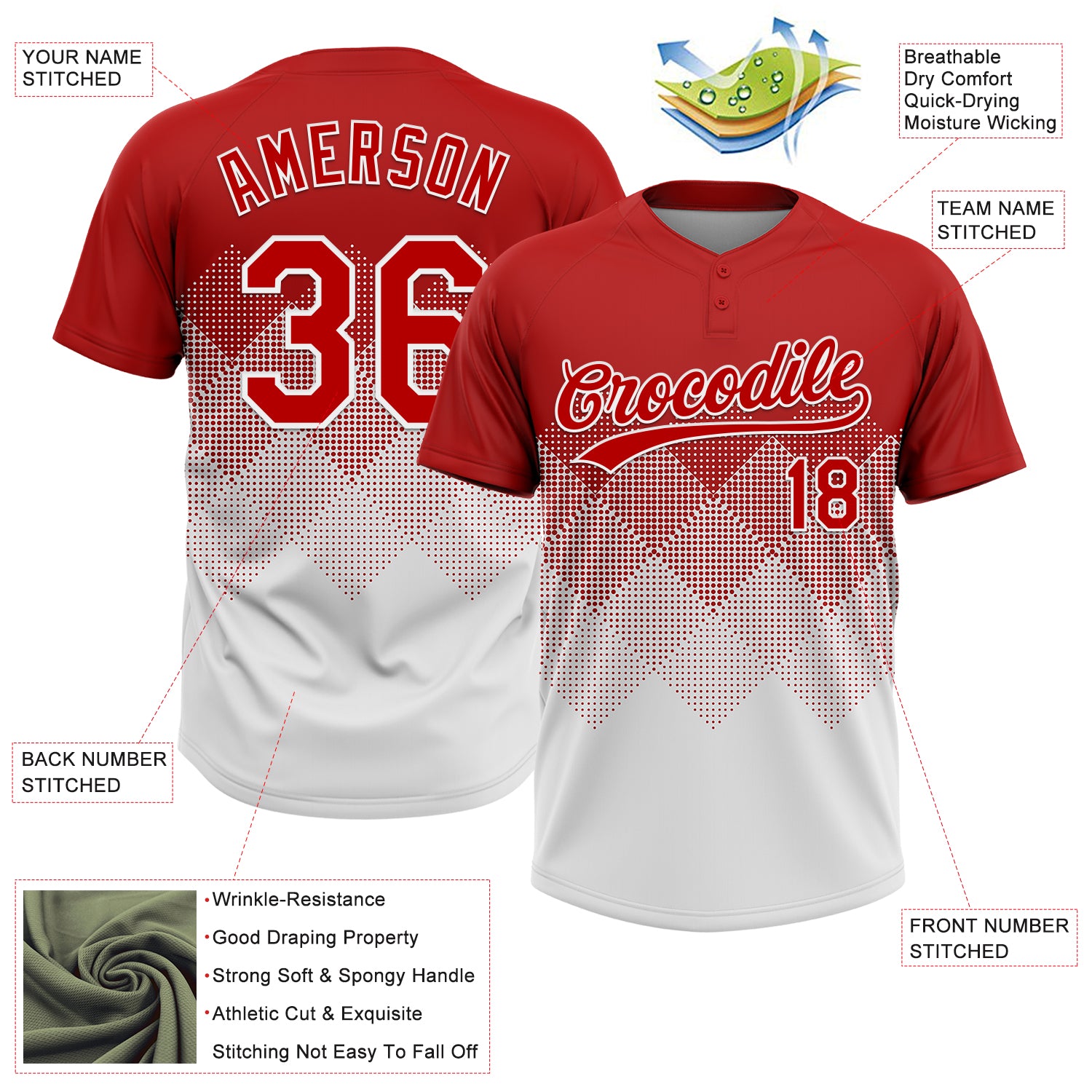 Custom Red White 3D Gradient Square Shape Two-Button Unisex Softball Jersey