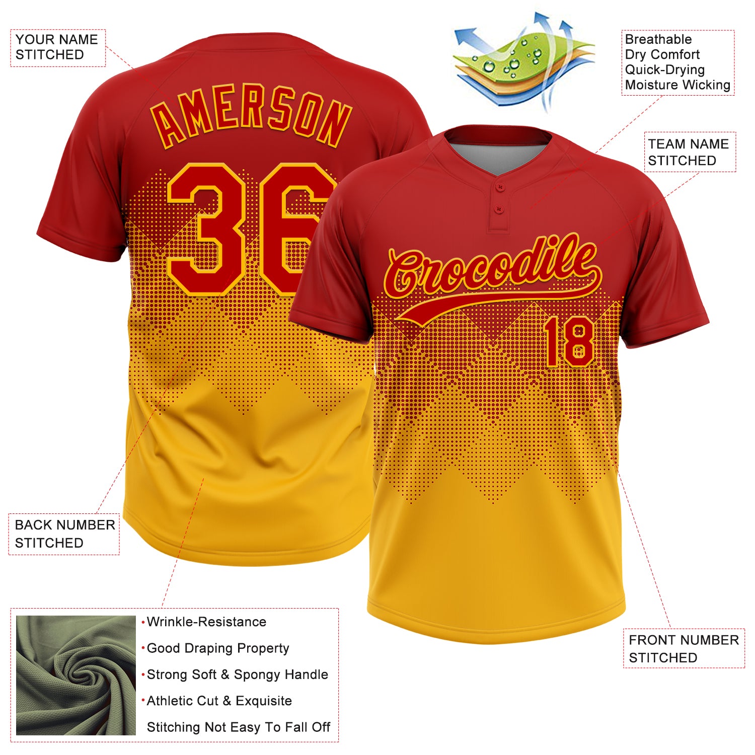 Custom Red Gold 3D Gradient Square Shape Two-Button Unisex Softball Jersey