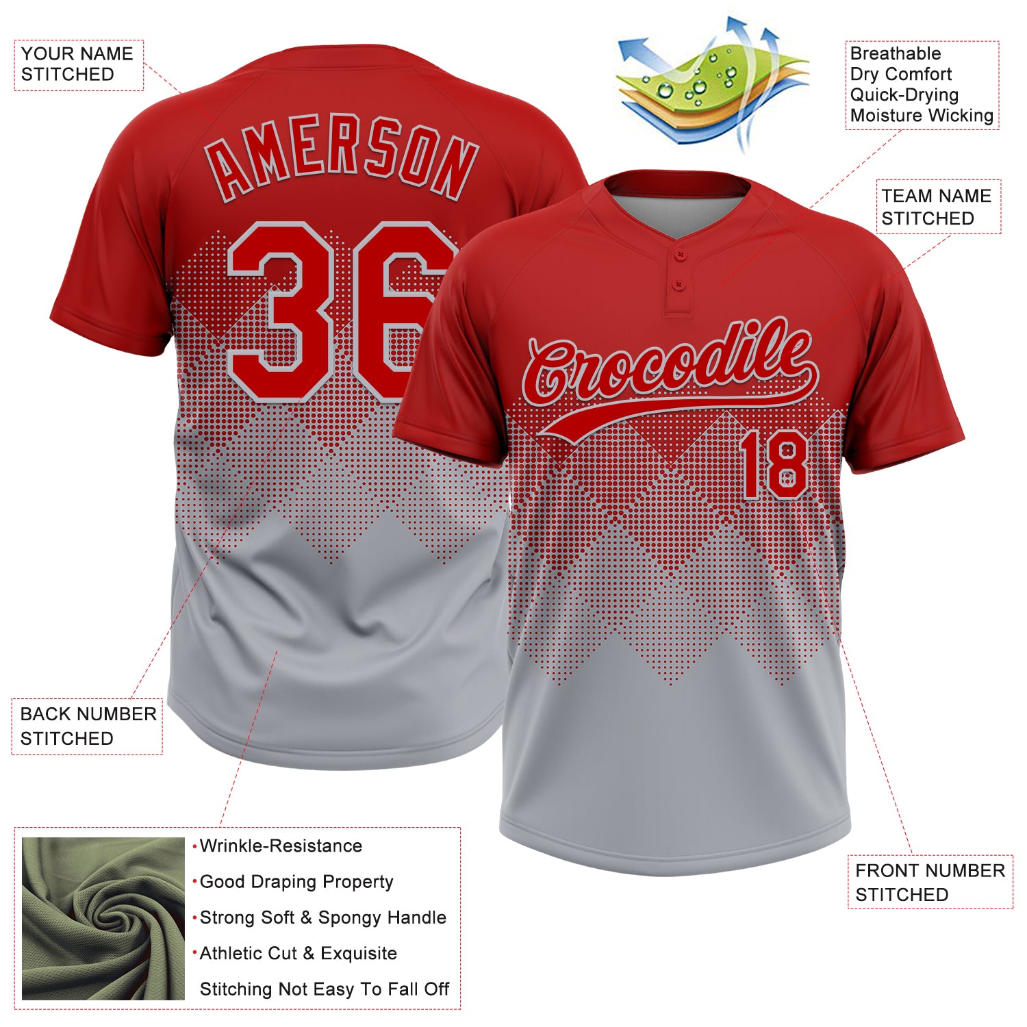 Custom Red Gray 3D Gradient Square Shape Two-Button Unisex Softball Jersey