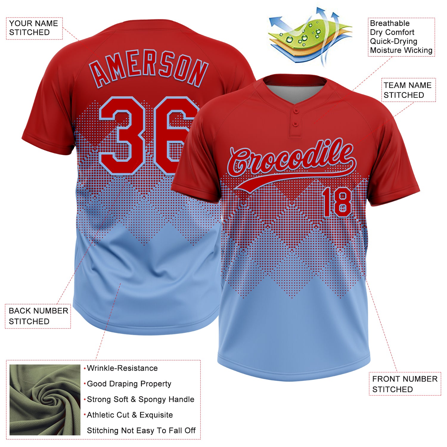 Custom Red Light Blue 3D Gradient Square Shape Two-Button Unisex Softball Jersey