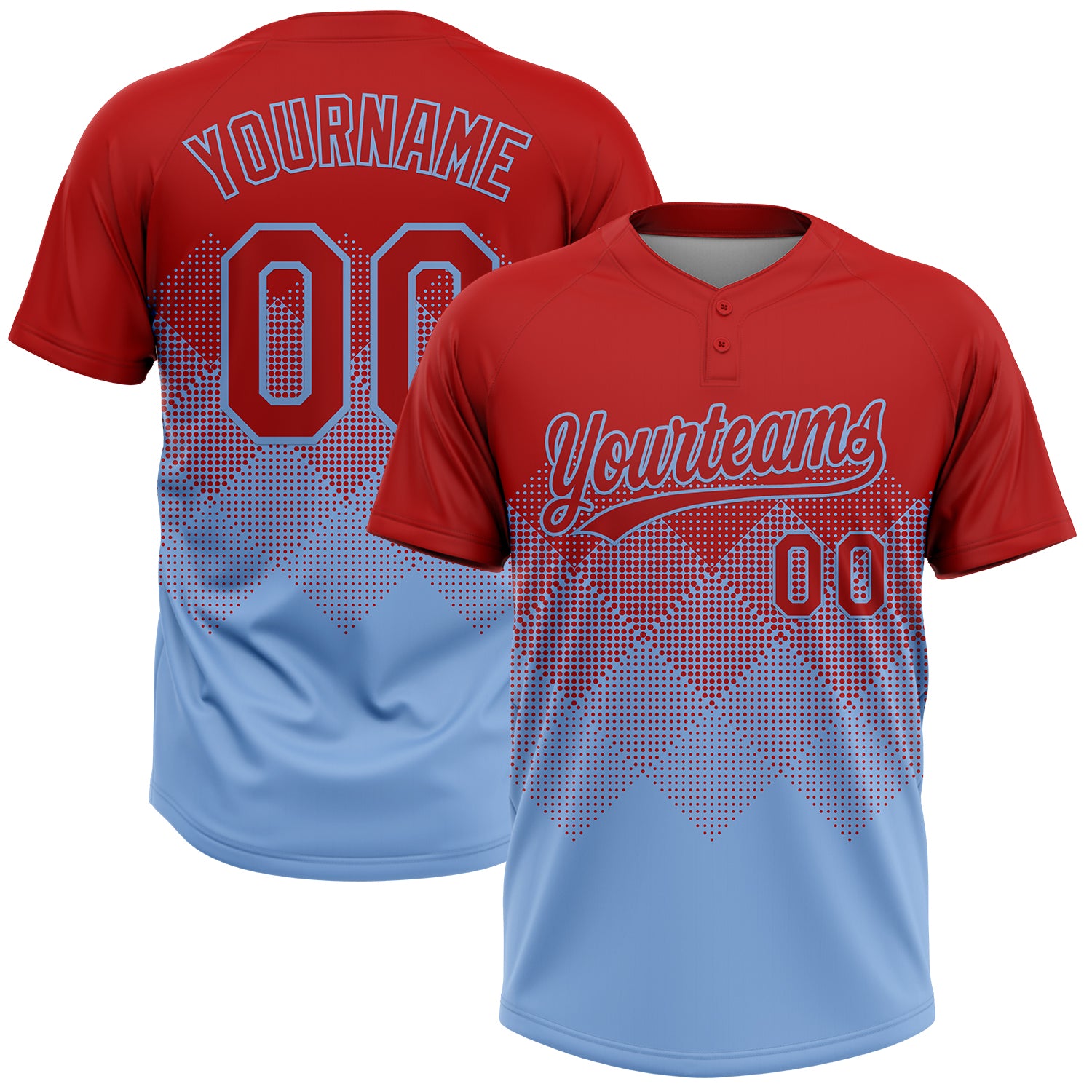 Custom Red Light Blue 3D Gradient Square Shape Two-Button Unisex Softball Jersey