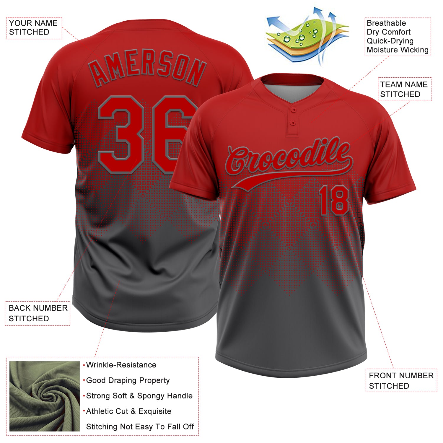 Custom Red Steel Gray 3D Gradient Square Shape Two-Button Unisex Softball Jersey