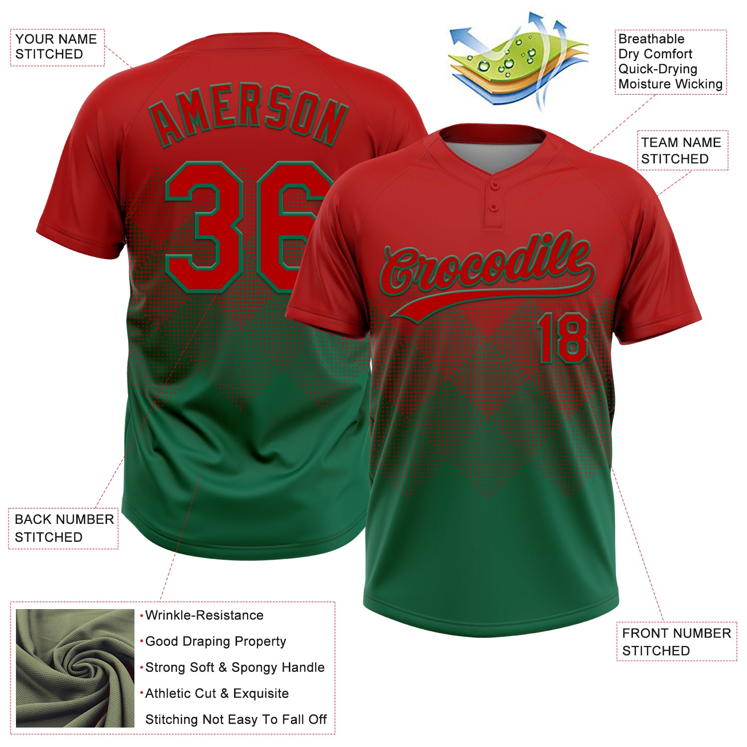 Custom Red Kelly Green 3D Gradient Square Shape Two-Button Unisex Softball Jersey