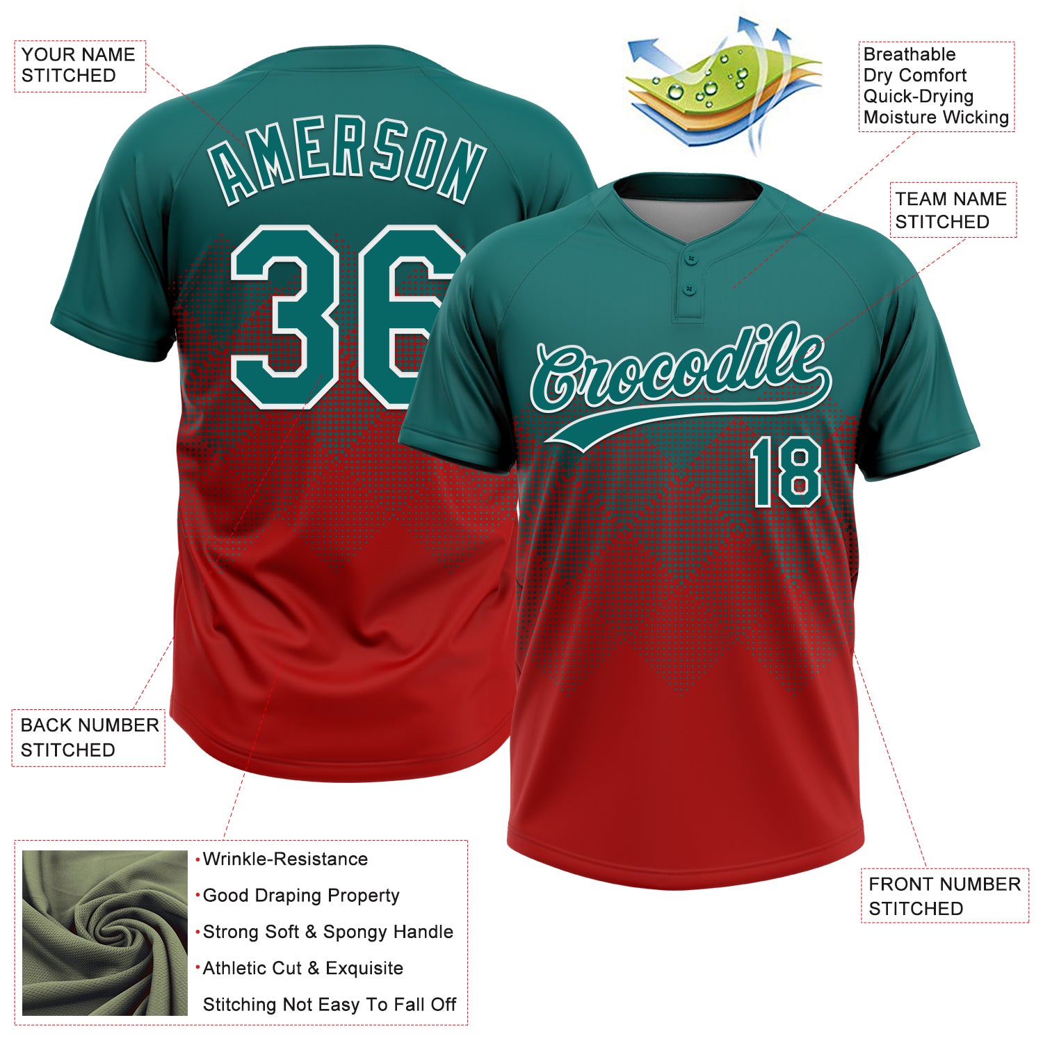 Custom Teal Red-White 3D Gradient Square Shape Two-Button Unisex Softball Jersey