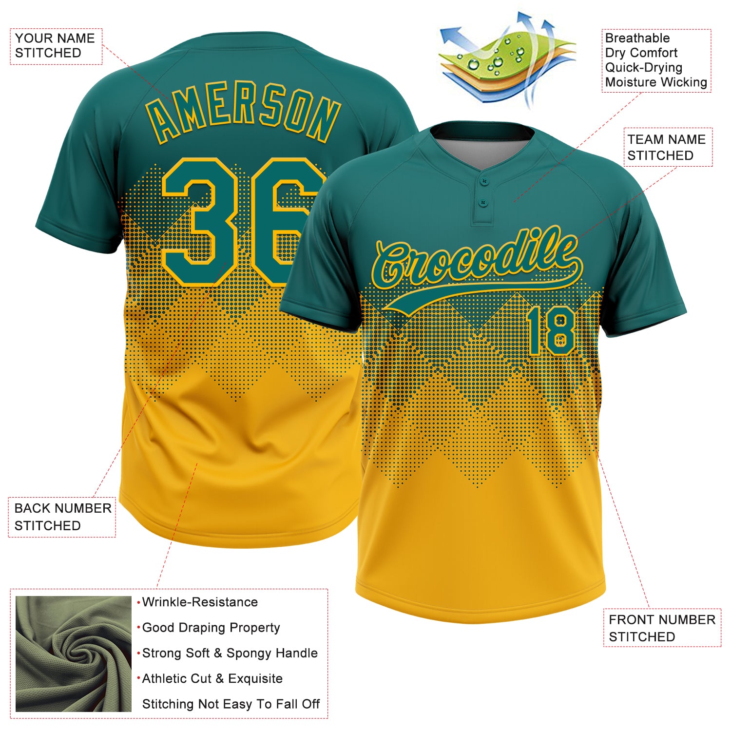 Custom Teal Gold 3D Gradient Square Shape Two-Button Unisex Softball Jersey