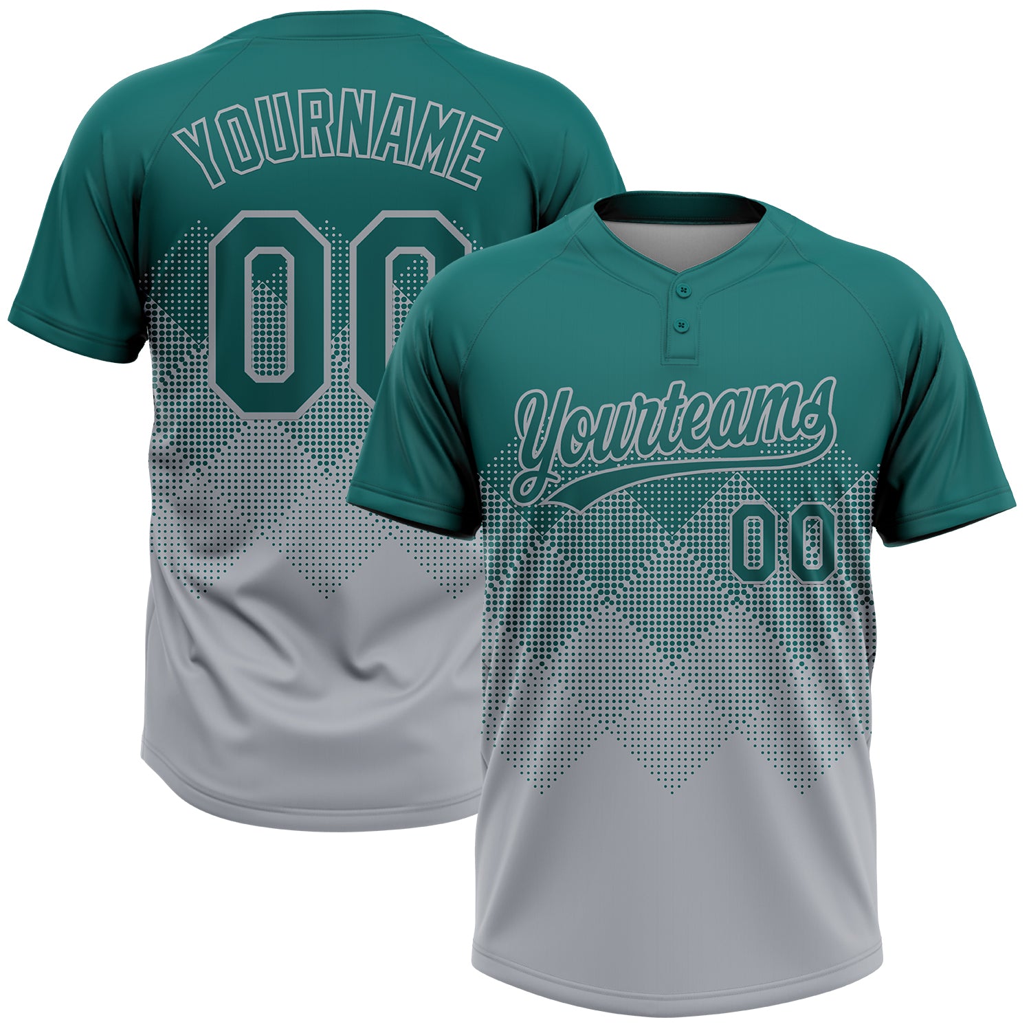 Custom Teal Gray 3D Gradient Square Shape Two-Button Unisex Softball Jersey