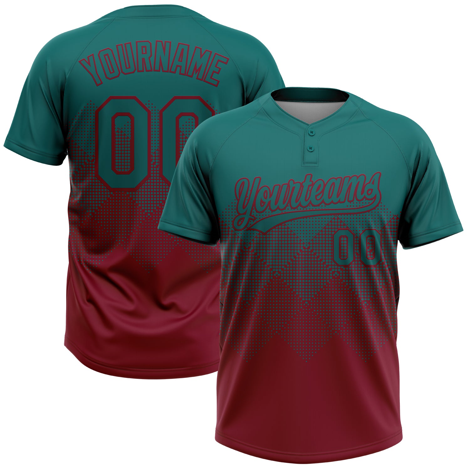 Custom Teal Crimson 3D Gradient Square Shape Two-Button Unisex Softball Jersey