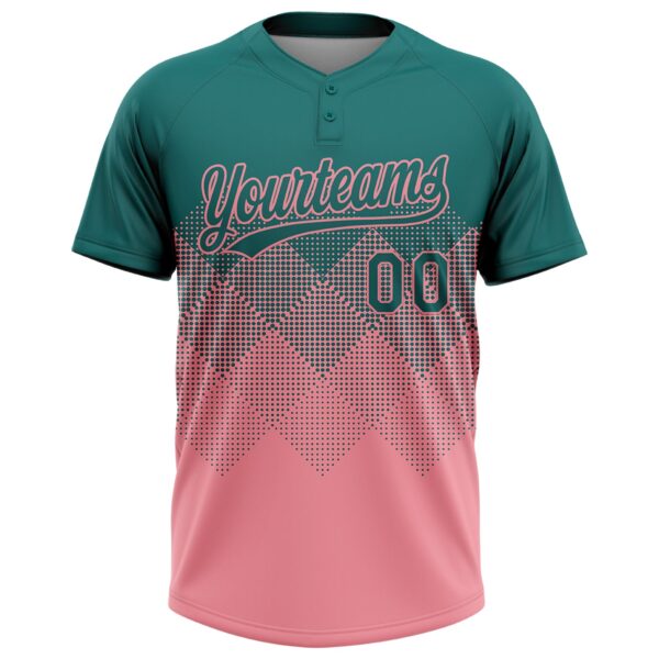Custom Teal Medium Pink 3D Gradient Square Shape Two-Button Unisex Softball Jersey