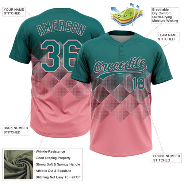 Custom Teal Medium Pink 3D Gradient Square Shape Two-Button Unisex Softball Jersey