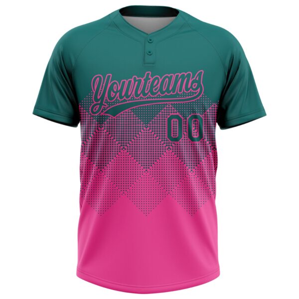 Custom Teal Pink 3D Gradient Square Shape Two-Button Unisex Softball Jersey