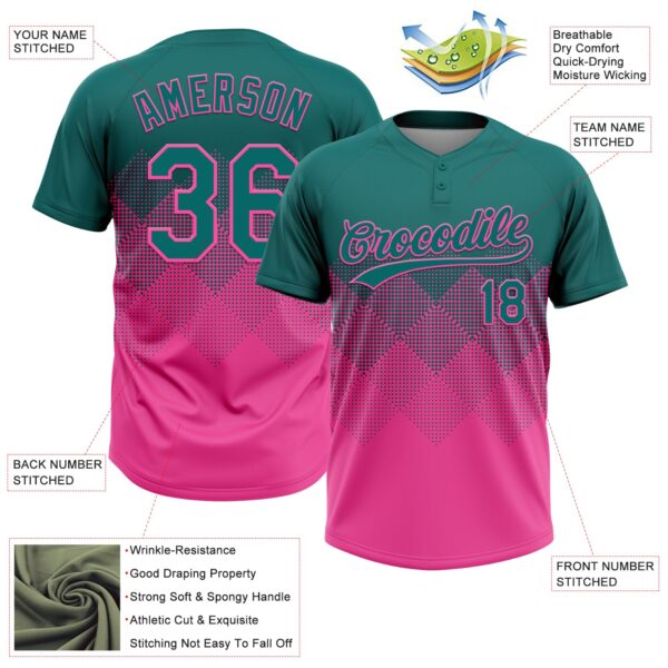 Custom Teal Pink 3D Gradient Square Shape Two-Button Unisex Softball Jersey