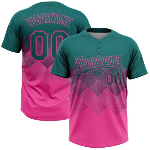 Custom Teal Pink 3D Gradient Square Shape Two-Button Unisex Softball Jersey