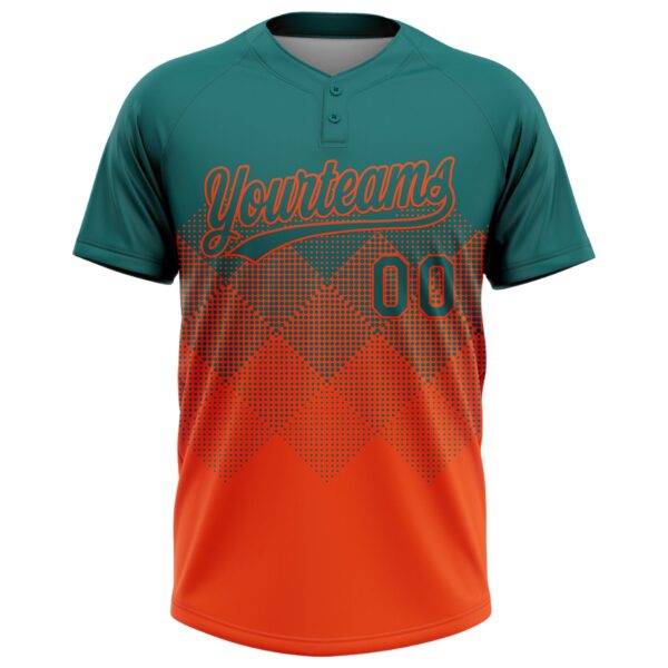 Custom Teal Orange 3D Gradient Square Shape Two-Button Unisex Softball Jersey