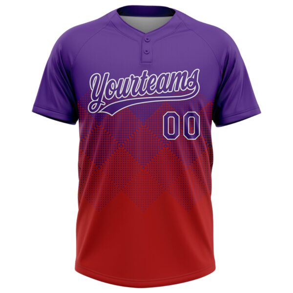Custom Purple Red-White 3D Gradient Square Shape Two-Button Unisex Softball Jersey
