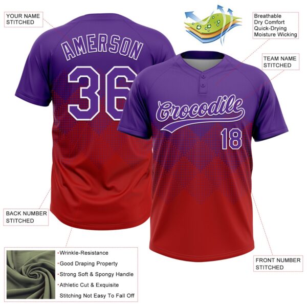 Custom Purple Red-White 3D Gradient Square Shape Two-Button Unisex Softball Jersey