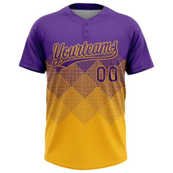Custom Purple Gold 3D Gradient Square Shape Two-Button Unisex Softball Jersey