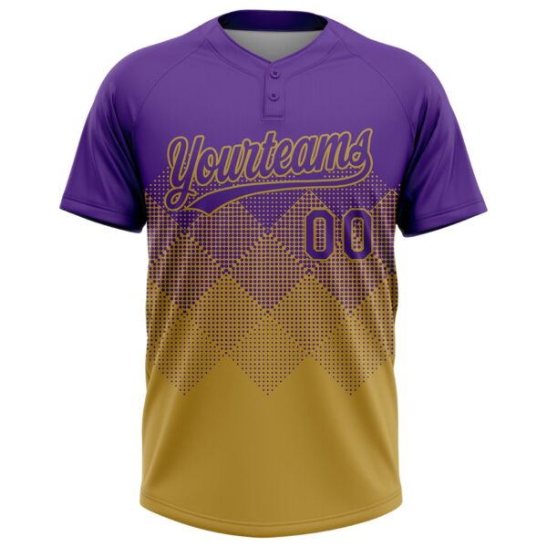 Custom Purple Old Gold 3D Gradient Square Shape Two-Button Unisex Softball Jersey