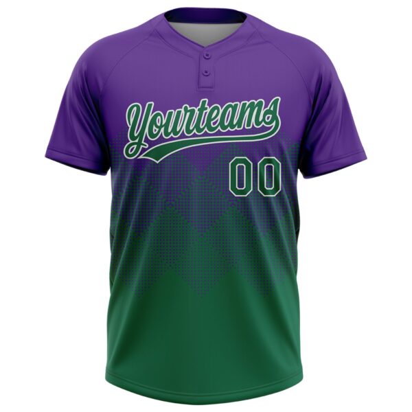 Custom Purple Kelly Green-White 3D Gradient Square Shape Two-Button Unisex Softball Jersey