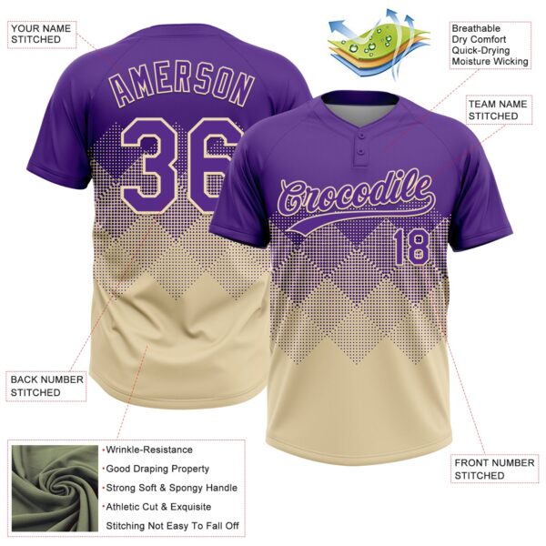 Custom Purple Cream 3D Gradient Square Shape Two-Button Unisex Softball Jersey