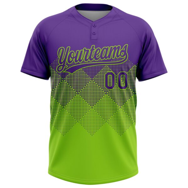 Custom Purple Neon Green 3D Gradient Square Shape Two-Button Unisex Softball Jersey