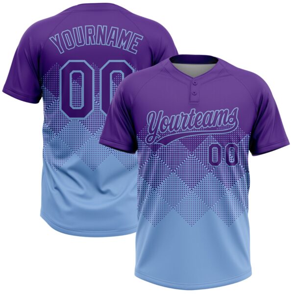 Custom Purple Light Blue 3D Gradient Square Shape Two-Button Unisex Softball Jersey