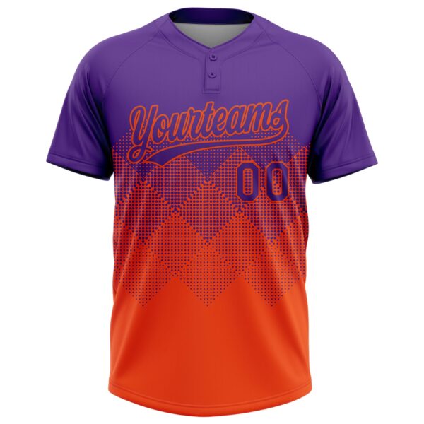 Custom Purple Orange 3D Gradient Square Shape Two-Button Unisex Softball Jersey