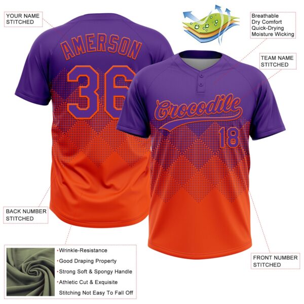 Custom Purple Orange 3D Gradient Square Shape Two-Button Unisex Softball Jersey