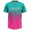 Custom Aqua Pink-White 3D Gradient Square Shape Two-Button Unisex Softball Jersey