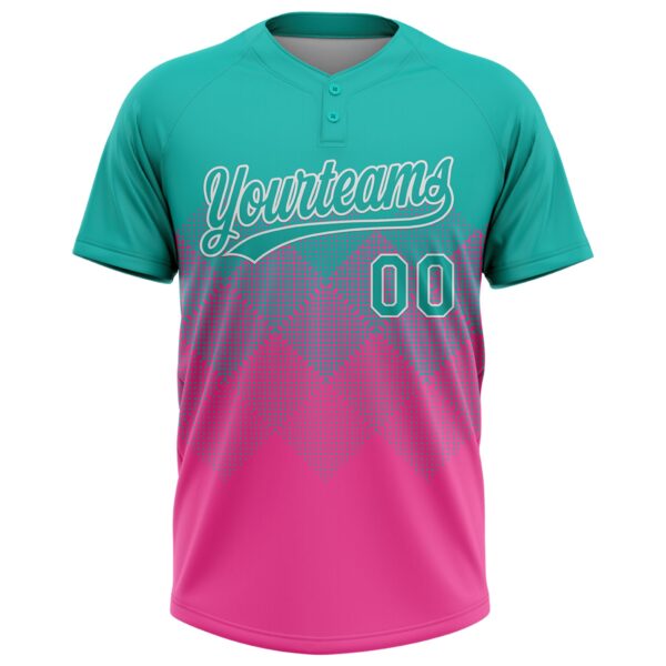 Custom Aqua Pink-White 3D Gradient Square Shape Two-Button Unisex Softball Jersey