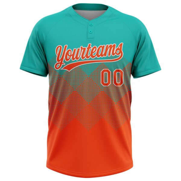 Custom Aqua Orange-White 3D Gradient Square Shape Two-Button Unisex Softball Jersey