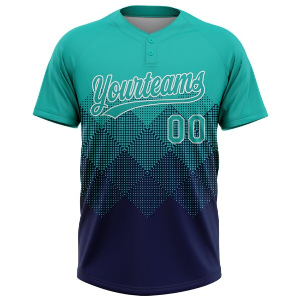 Custom Aqua Navy-White 3D Gradient Square Shape Two-Button Unisex Softball Jersey