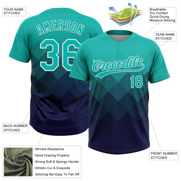 Custom Aqua Navy-White 3D Gradient Square Shape Two-Button Unisex Softball Jersey