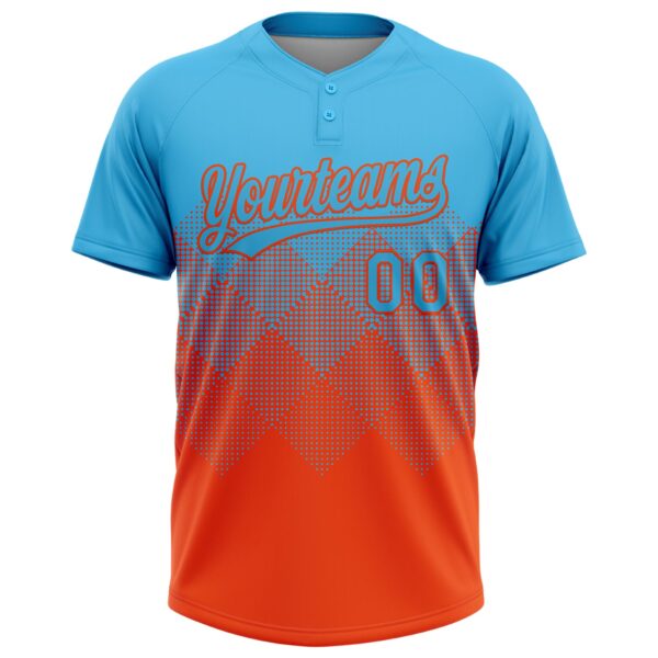 Custom Sky Blue Orange 3D Gradient Square Shape Two-Button Unisex Softball Jersey