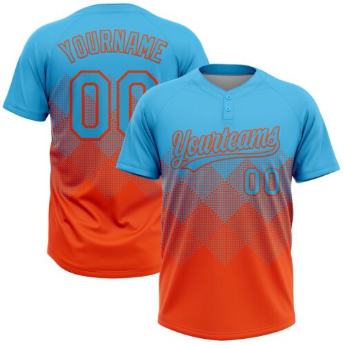 Custom Sky Blue Orange 3D Gradient Square Shape Two-Button Unisex Softball Jersey