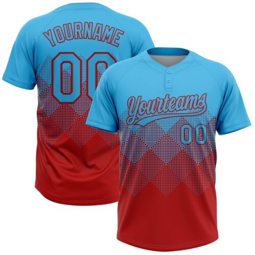 Custom Sky Blue Red 3D Gradient Square Shape Two-Button Unisex Softball Jersey