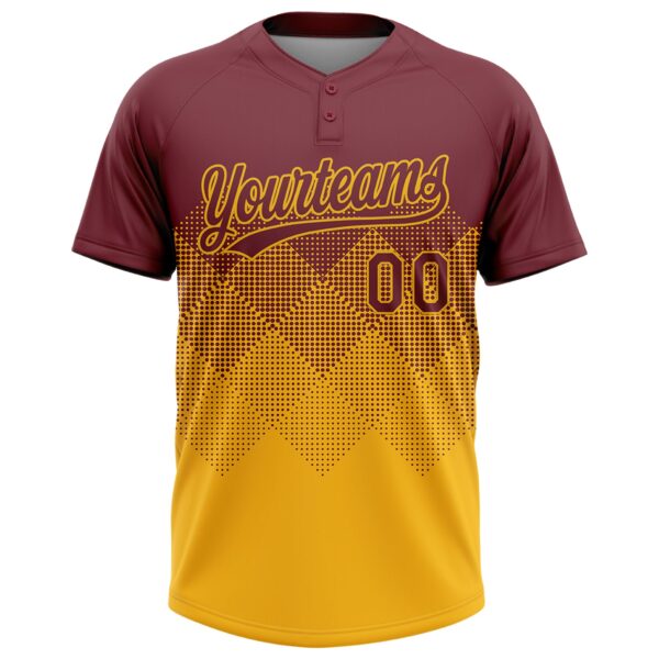 Custom Burgundy Gold 3D Gradient Square Shape Two-Button Unisex Softball Jersey