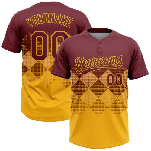 Softball1977 Custom Burgundy Gold 3D Gradient Square Shape Two-Button Unisex Softball Jersey