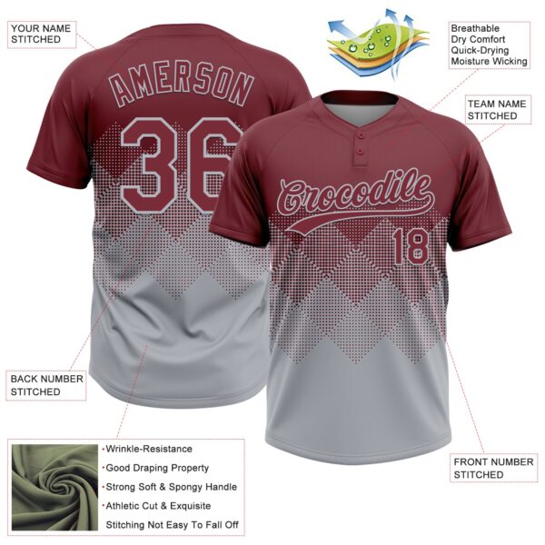 Custom Burgundy Gray 3D Gradient Square Shape Two-Button Unisex Softball Jersey