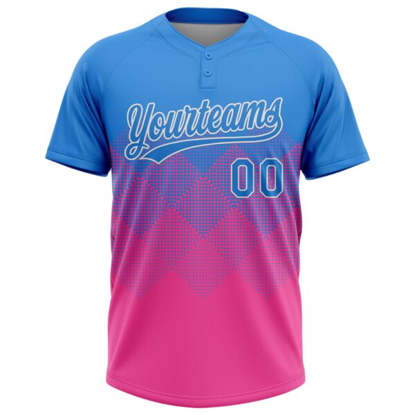 Custom Electric Blue Pink-White 3D Gradient Square Shape Two-Button Unisex Softball Jersey