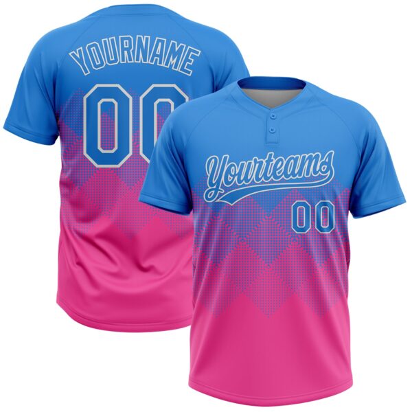 Custom Electric Blue Pink-White 3D Gradient Square Shape Two-Button Unisex Softball Jersey