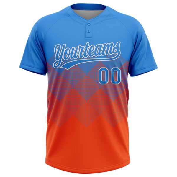 Custom Electric Blue Orange-White 3D Gradient Square Shape Two-Button Unisex Softball Jersey