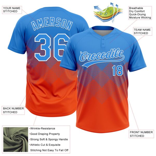 Custom Electric Blue Orange-White 3D Gradient Square Shape Two-Button Unisex Softball Jersey