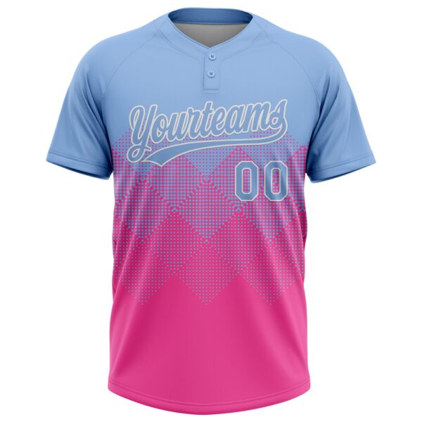 Custom Light Blue Pink-White 3D Gradient Square Shape Two-Button Unisex Softball Jersey