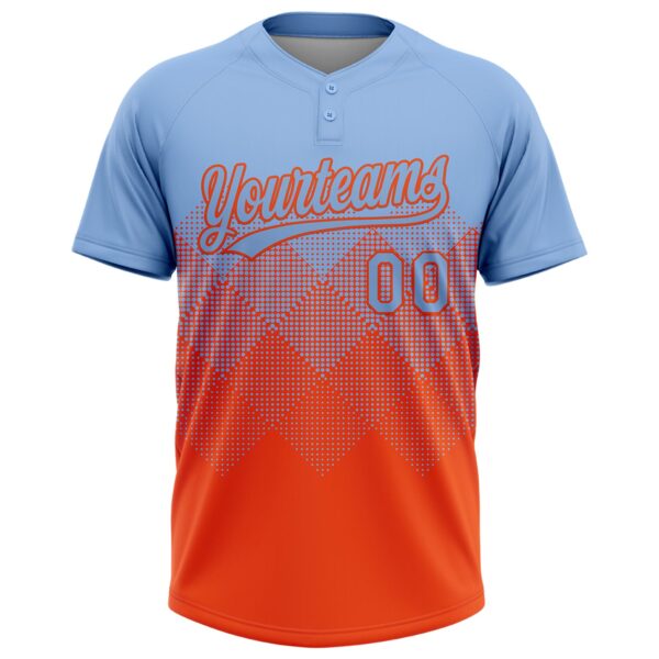 Custom Light Blue Orange 3D Gradient Square Shape Two-Button Unisex Softball Jersey