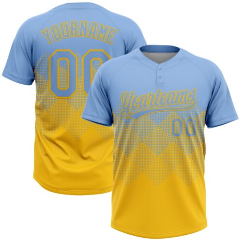 Custom Light Blue Yellow 3D Gradient Square Shape Two-Button Unisex Softball Jersey