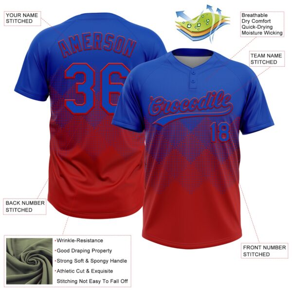 Custom Thunder Blue Red 3D Gradient Square Shape Two-Button Unisex Softball Jersey